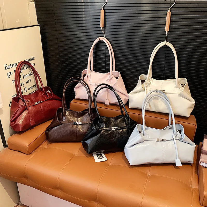 Large Capacity Pleated Leather Tote Bag for Women