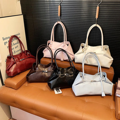 Large Capacity Pleated Leather Tote Bag for Women