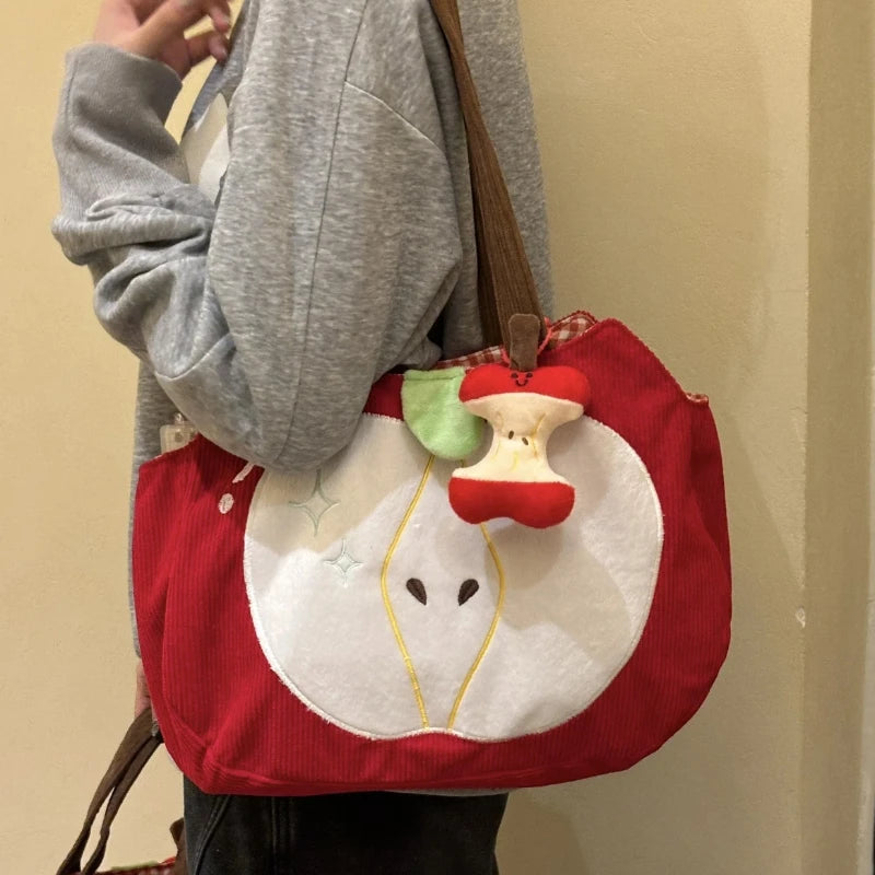 Corduroy Apple Handbag — Cute Casual Shoulder Bag with Pendant