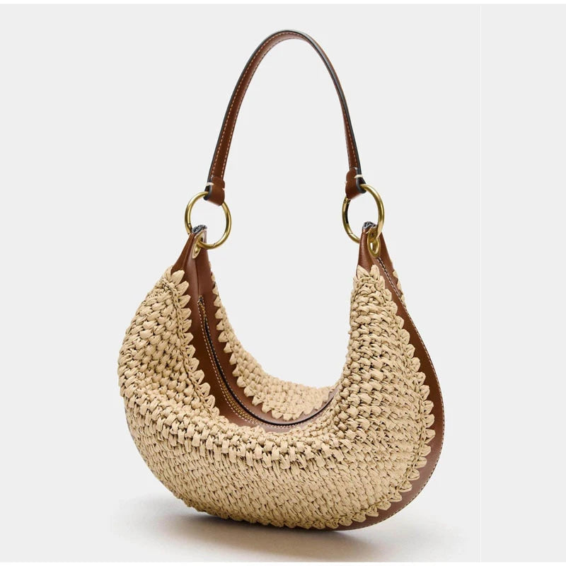 Crescent Shoulder Bag – Women's Woven Straw Hobo Bag for Beach & Vacation