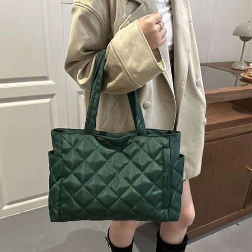 Autumn Winter Top Handle Bag Women Large Capacity Lightweight Commuting Tote Quilted Simple Texture