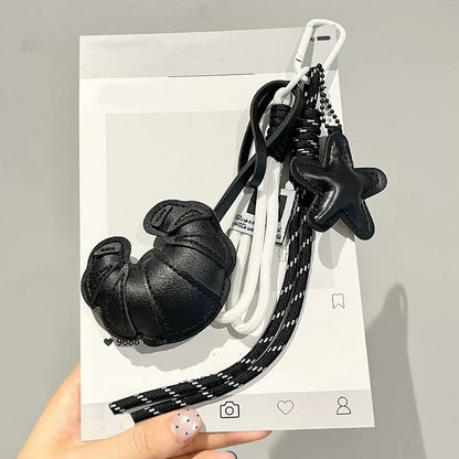 Leather Croissant Keychain – Handmade Star Charm & Braided Rope
