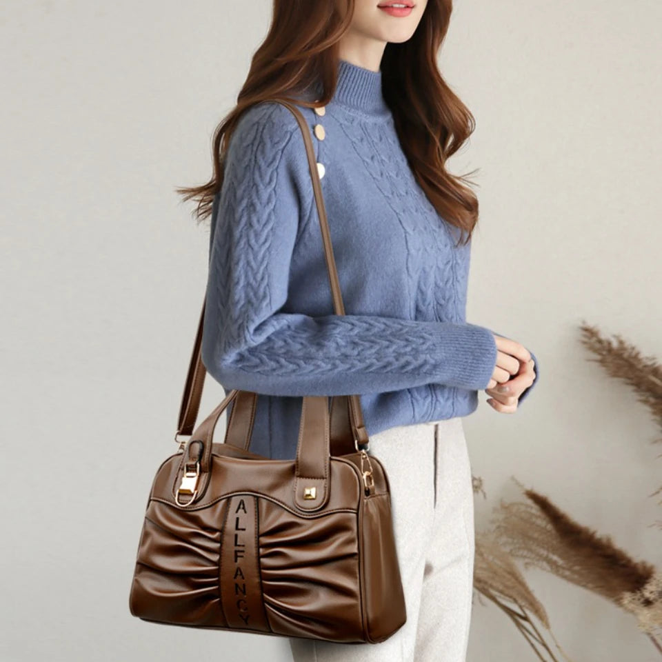Ruched Vegan Leather Handbag with Top Handle & Crossbody Strap
