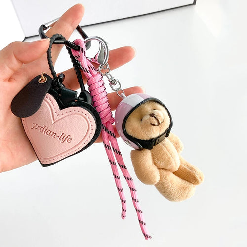 Helmet Bear Keychain Bag Charm with Heart Leather Tag