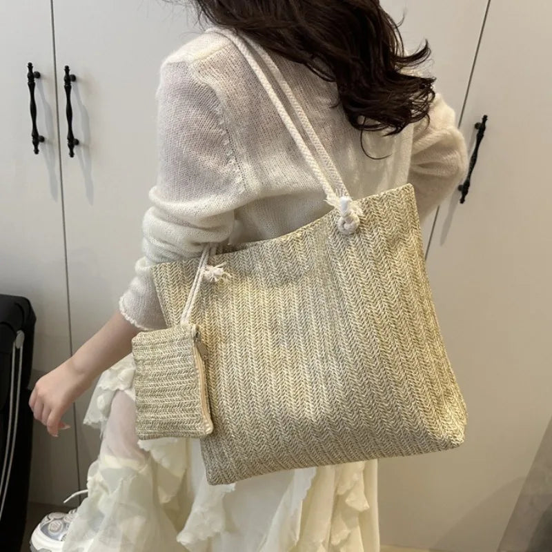Large Capacity Woven Straw Tote Bag – Retro Shoulder Handbag with Pouch