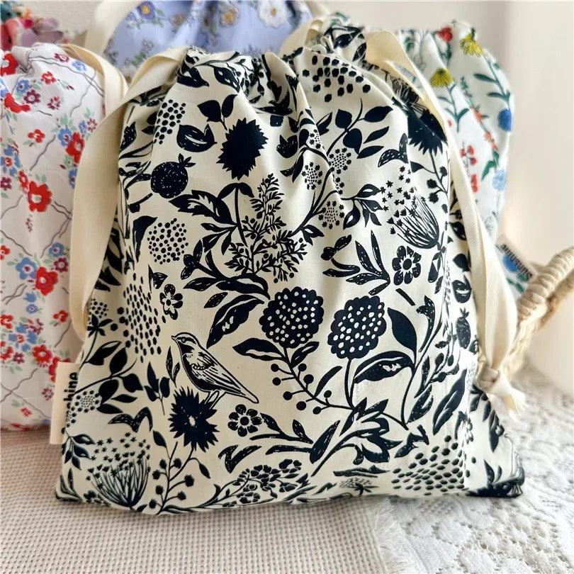 Floral Cotton Drawstring Travel Organizer Bag