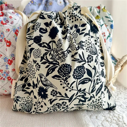 Floral Cotton Drawstring Travel Organizer Bag