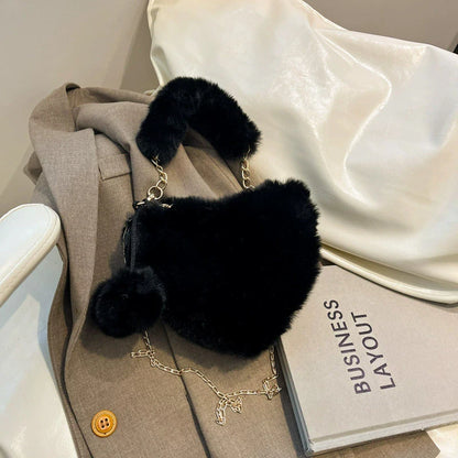 Fluffy Heart Shaped Fur Bag – Cute Plush Shoulder Bag with Chain Strap