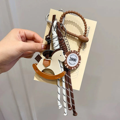 Braided Rope Bag Charm with Leather Rocking Horse Pendant
