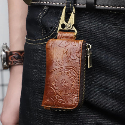Leather Key Holder Organizer Wallet with Zipper