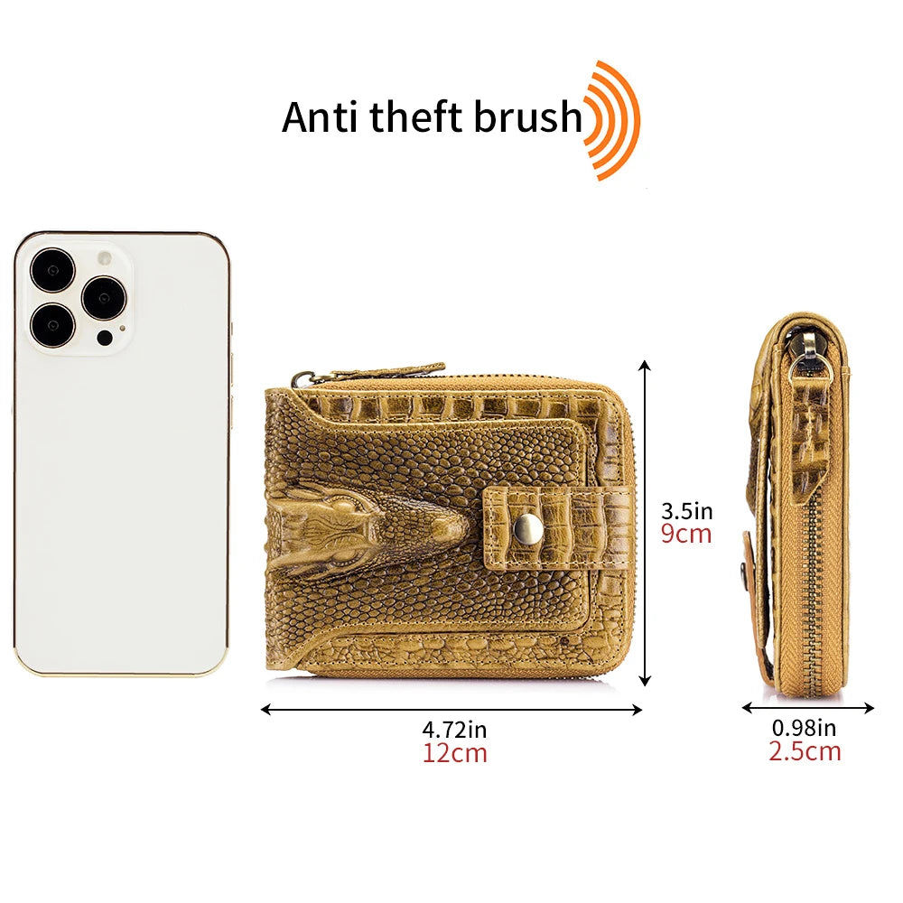 Men's Leather Wallet – Crocodile Pattern Zip-Around with Card Slots
