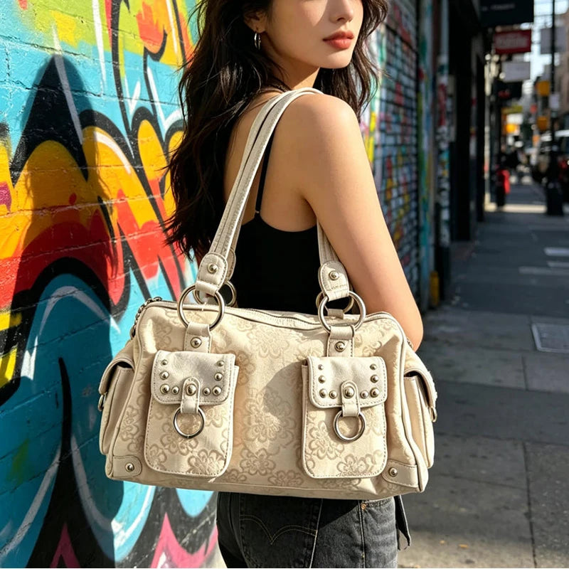 Y2K Retro Printed Shoulder Bag with Rivet Multi-Pocket Tote