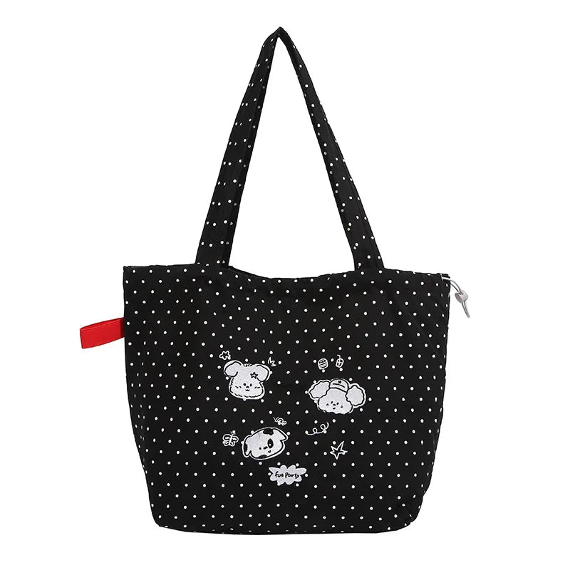 Cute Polka Dot Puppy Embroidery Shoulder Bag Cartoon Graffiti Nylon Tote Lightweight Large Capacity