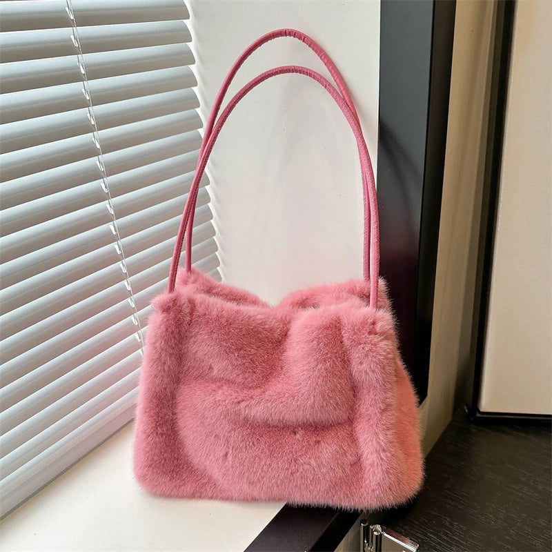 Fluffy Plush Shoulder Tote Bag – Soft Faux Fur Top-Handle Handbag