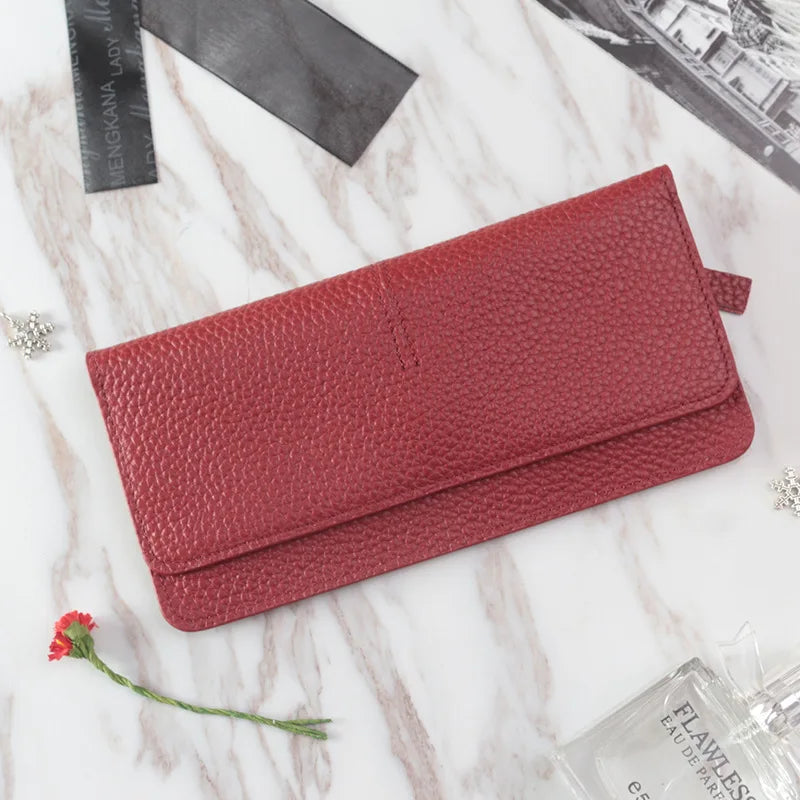 Women's Genuine Leather Long Wallet – Slim Flat Cowhide Purse with Card Slots