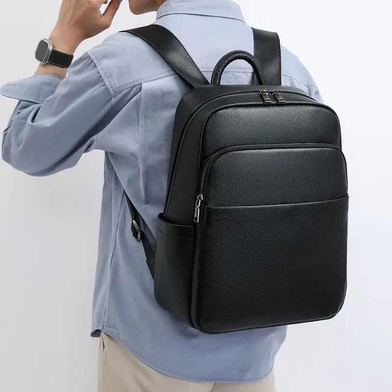 Genuine Leather Men's Laptop Backpack – Solid Black
