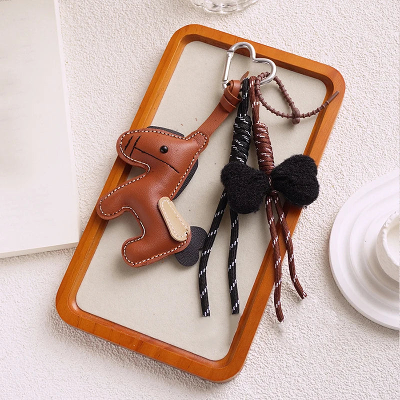 PU Leather Pony Keychain Bag Charm with Braided Rope & Bow