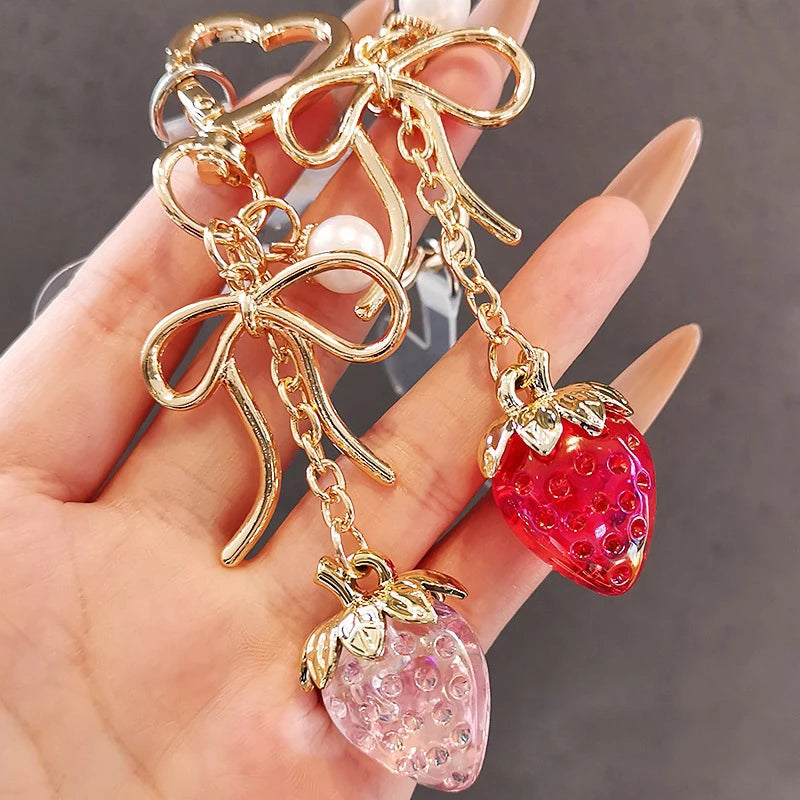Crystal Strawberry Keychain with Bow & Heart Charm