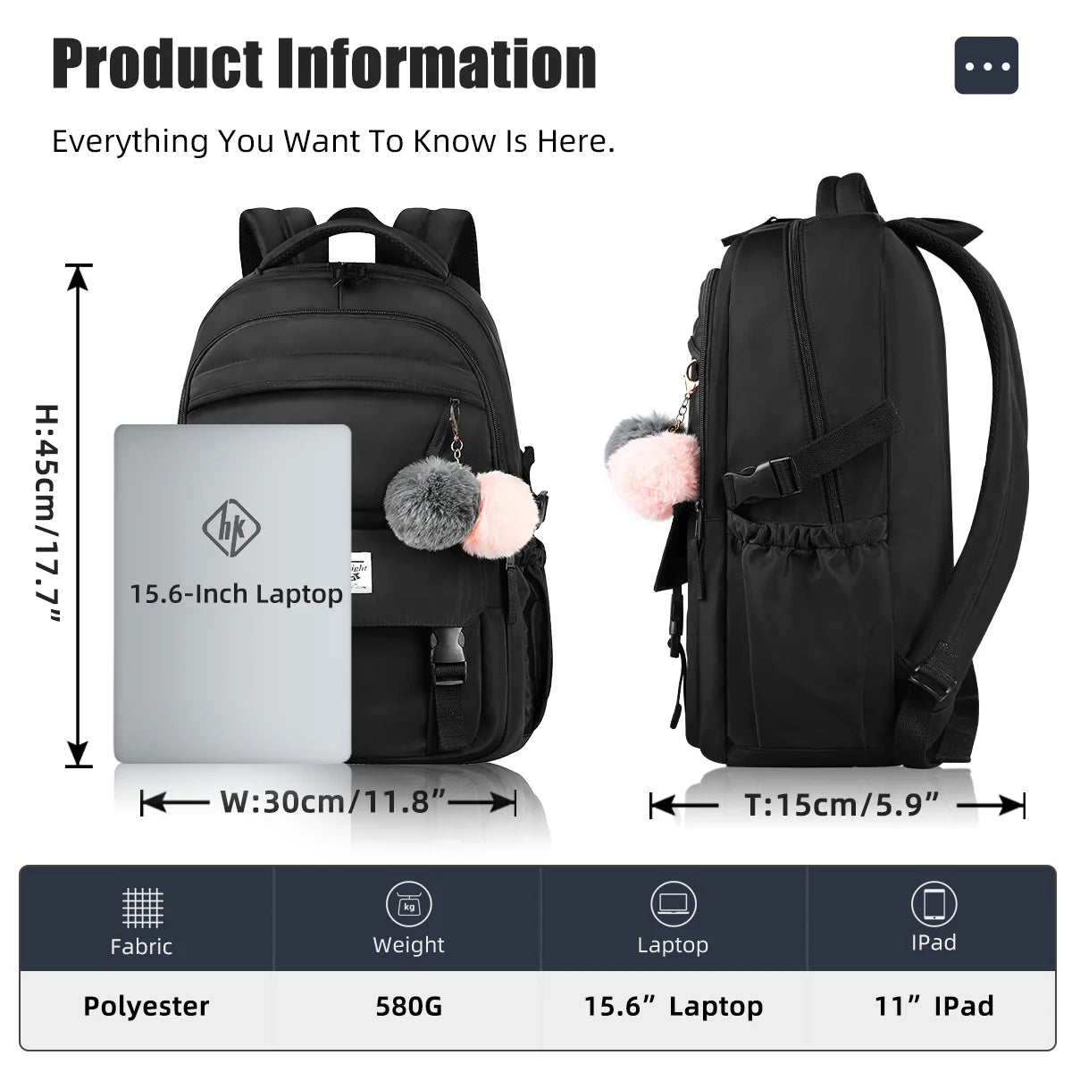 Girls School Backpack Large Capacity Lightweight 15.6" Laptop Bag