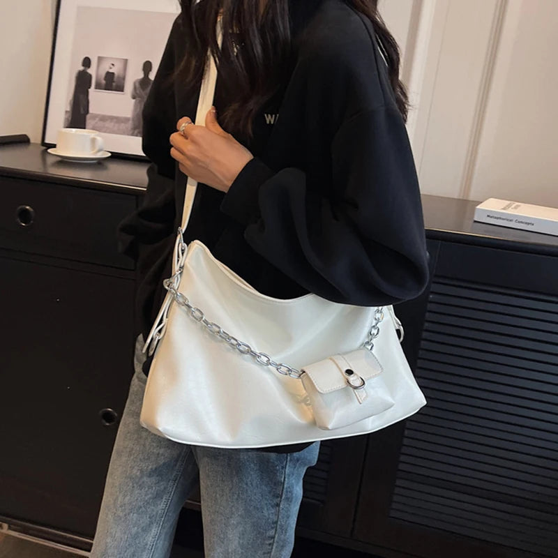 Large Shoulder Bag with Chain Strap – Women's PU Leather Hobo Tote