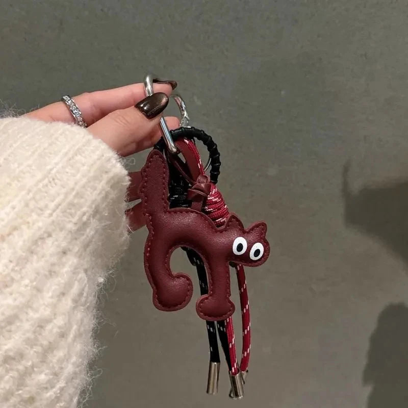 Cute Leather Cat Keychain Bag Charm with Pearl Rope