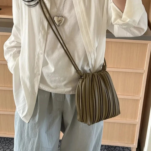 Pleated PU Leather Crossbody Bag – Mini Bucket Shoulder Bag for Women