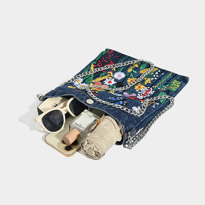 Embroidered Denim Shoulder Bag – Floral Chain Crossbody for Women