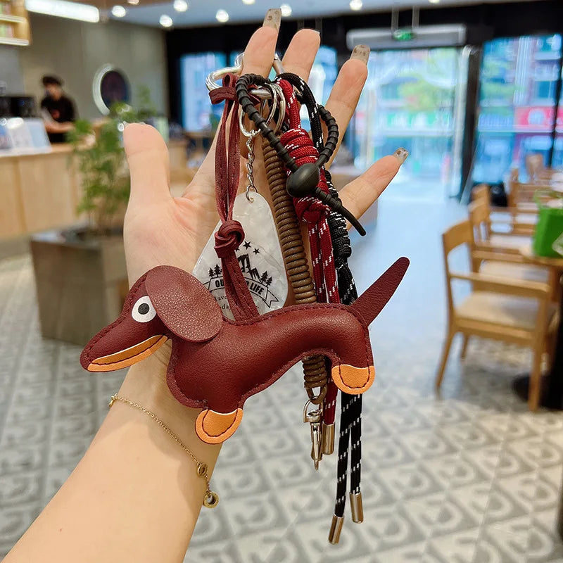 Dachshund PU Leather Keychain Bag Charm with Braided Tassel