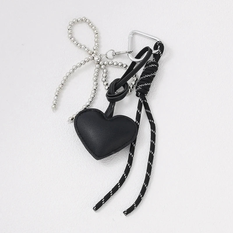 Heart Leather Rope Keychain Bag Charm with Bead Bow
