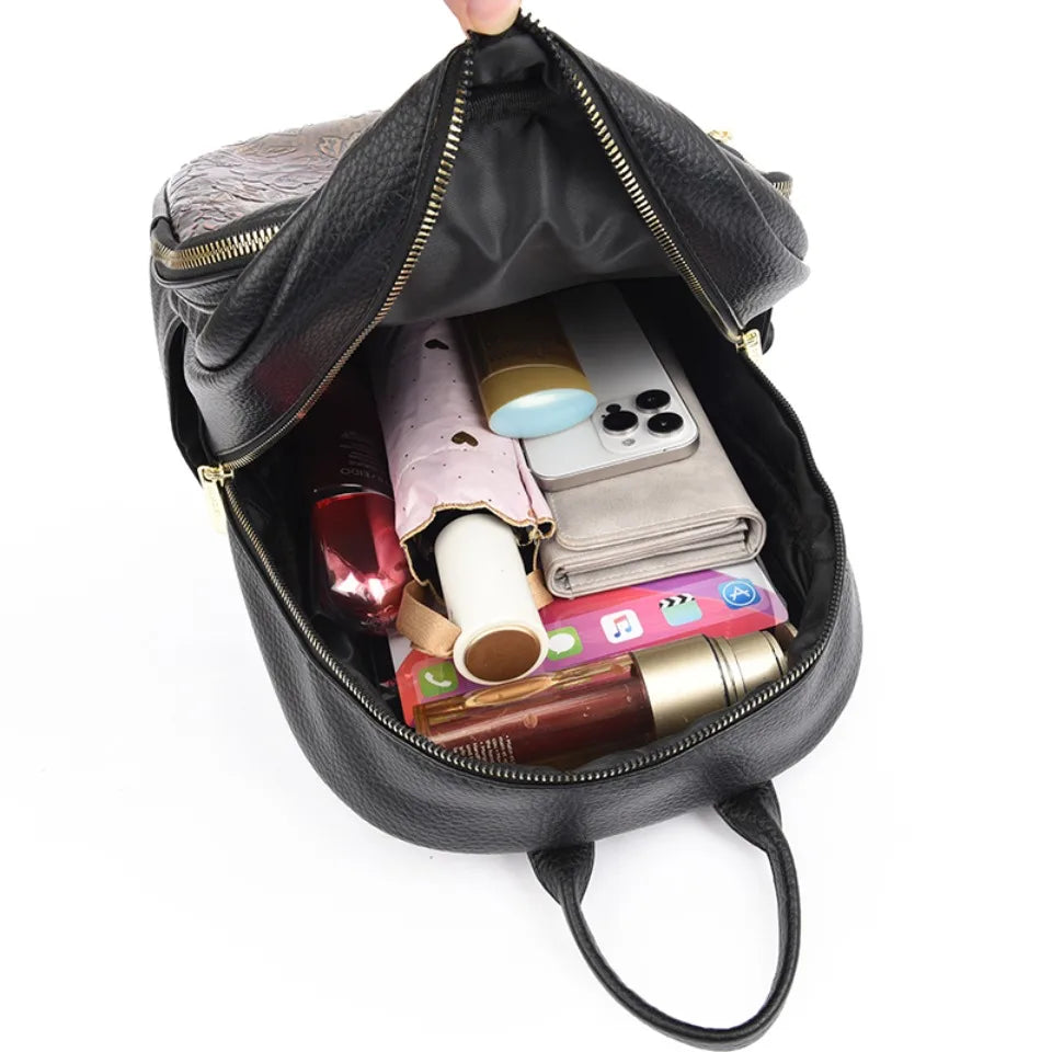 Floral Embossed Leather Backpack for Women – Large Capacity