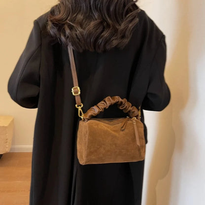 Suede Pillow Shoulder Bag with Ruched Handle for Women