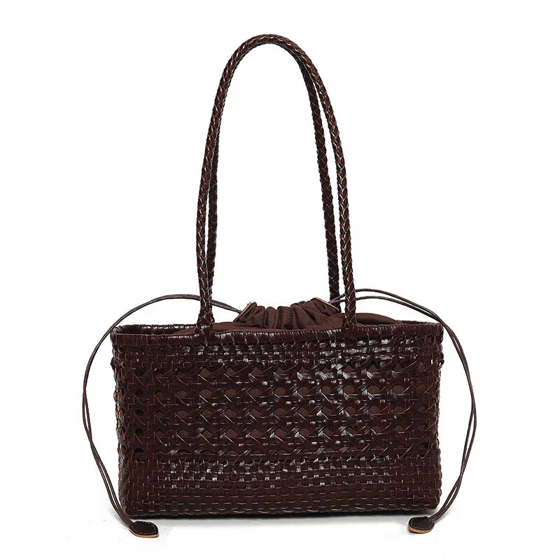 Handmade Woven Leather Tote Bag – Hollow Drawstring Shoulder Bag
