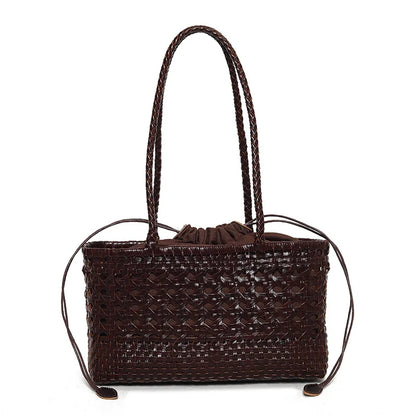 Handmade Woven Leather Tote Bag – Hollow Drawstring Shoulder Bag