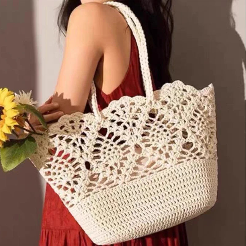 Women's Crochet Beach Tote Bag – Large Hollow Woven Shoulder Bag