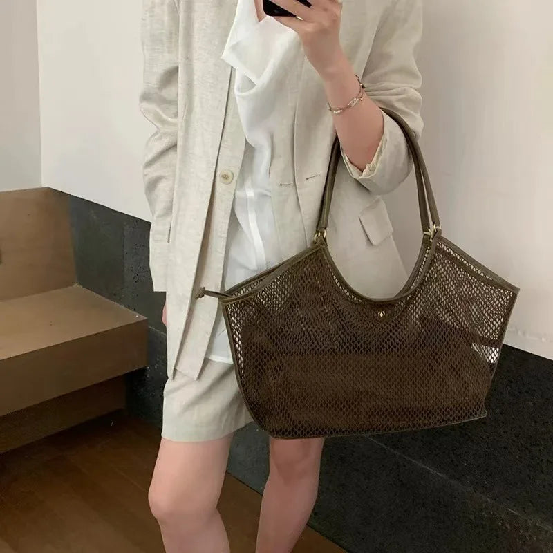 Large Mesh Tote Bag for Women – PU Leather Trim Shoulder Bag