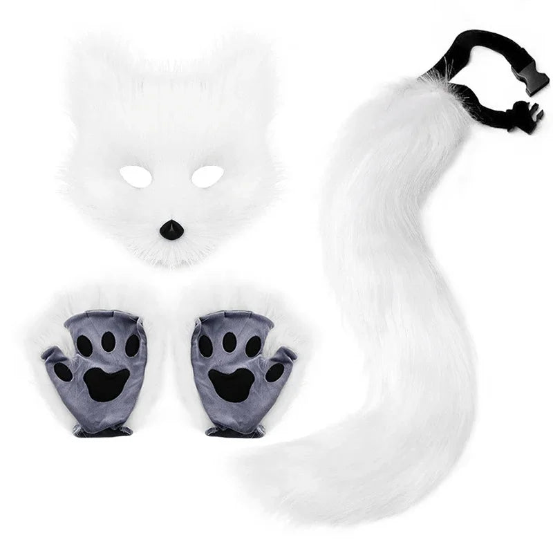 Fluffy Fox Tail & Wolf Mask Cosplay Set – 3pcs Halloween Costume