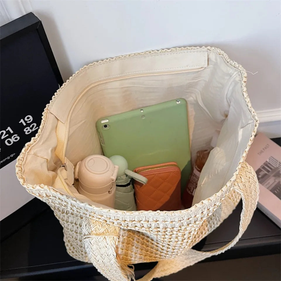 Woven Straw Beach Tote Bag for Women – Large Boho Shoulder Handbag