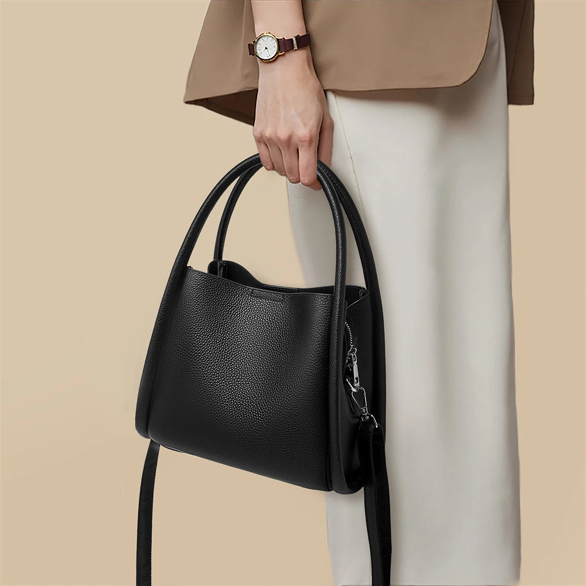 Foxer Luxury Leather Lady Shoulder Bag Genuine Casual Handbag Large Women Bucket Tote Daily Work