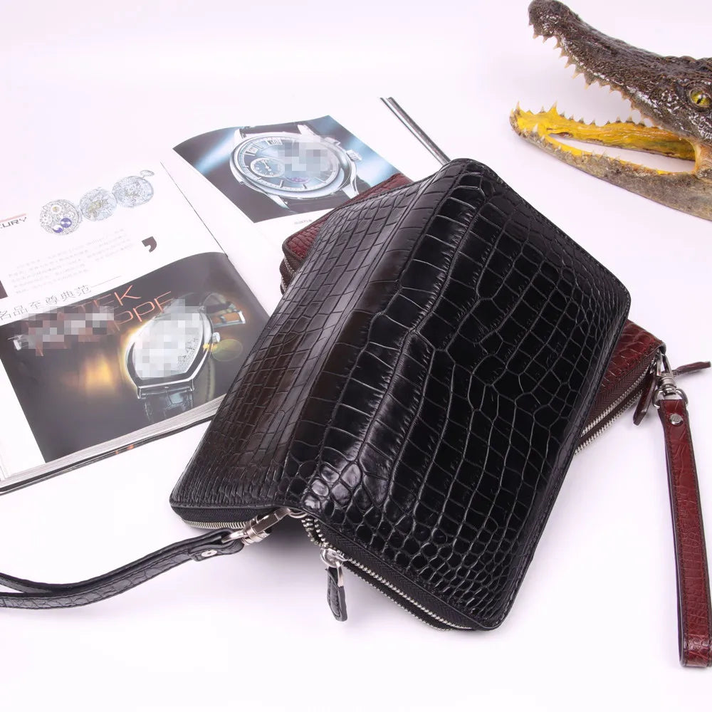 Crocodile Leather Wristlet Wallet – Unisex Long Zip Clutch with Card Slots