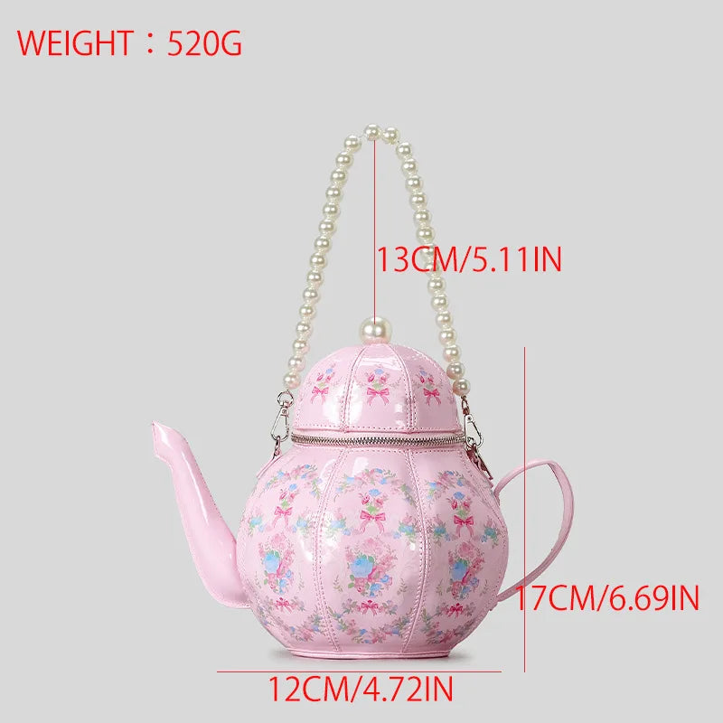 Creative Vintage Printed Teapot Design Women Handbags Pearls Chains Shoulder Bag Designer Luxury