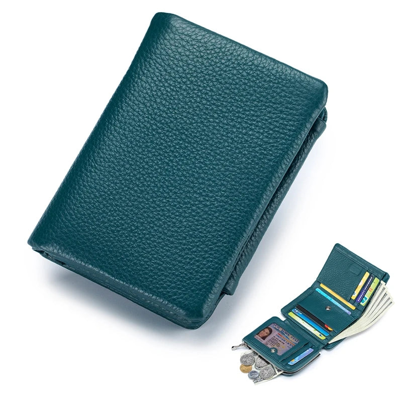 Genuine Cowhide Leather Trifold Wallet with Zipper Coin Pocket