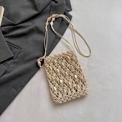 Moods Woven Design Drawstring Shoulder Bucket Bags Women Stone Beads Decor Phone Net Bag Trends