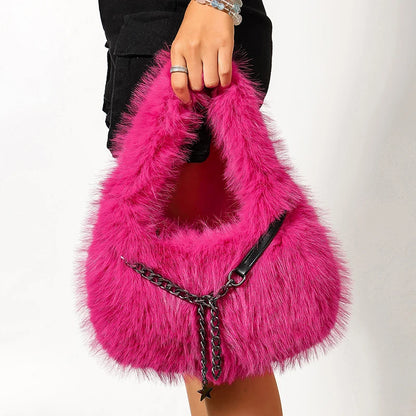 Fluffy Plush Shoulder Bag - Luxury Metal Chain Handbag for Women