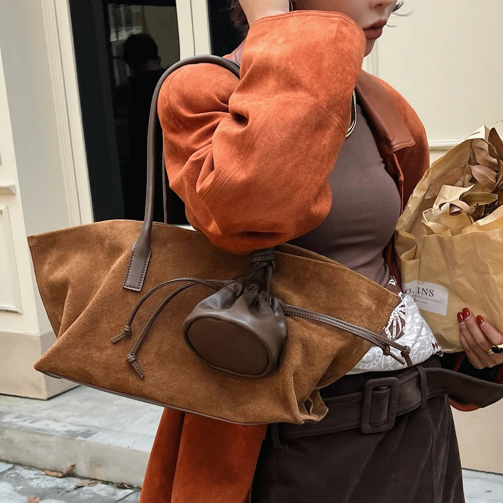 Vintage Large Capacity Suede Tote Bag Designer Trapeze Shoulder Bags Women Luxury Genuine Leather