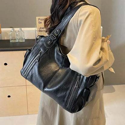 Women's PU Leather Shoulder Bag with Zipper Pockets