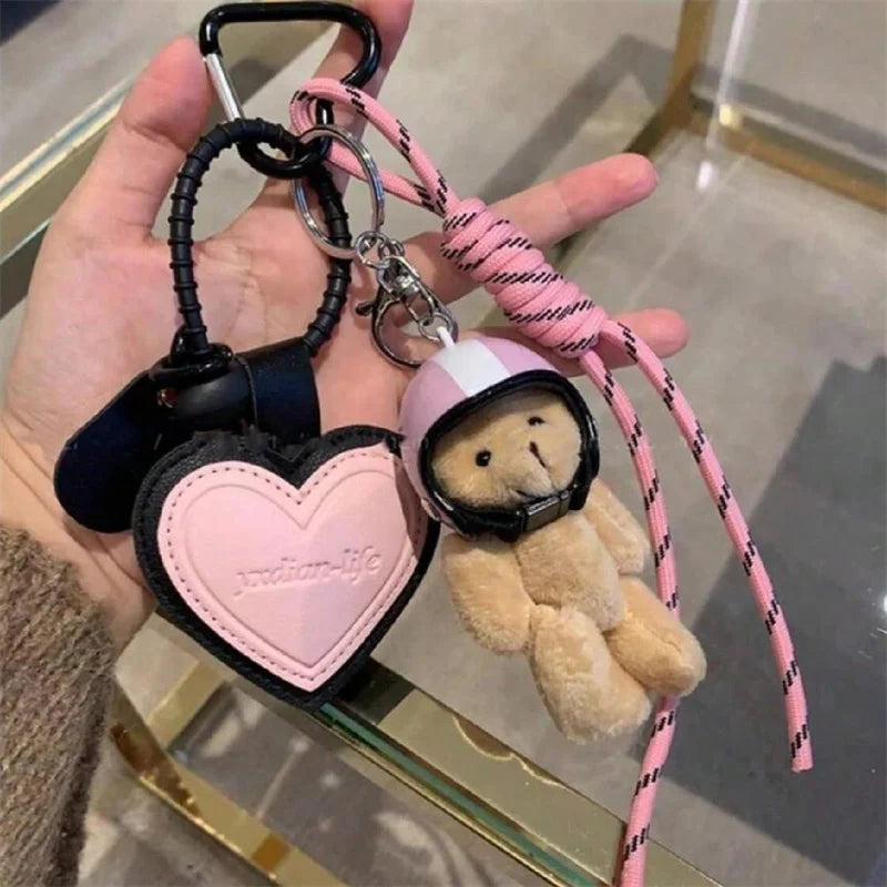 Bear Keychain – Cute Plush Helmet Bear Bag Charm with Heart