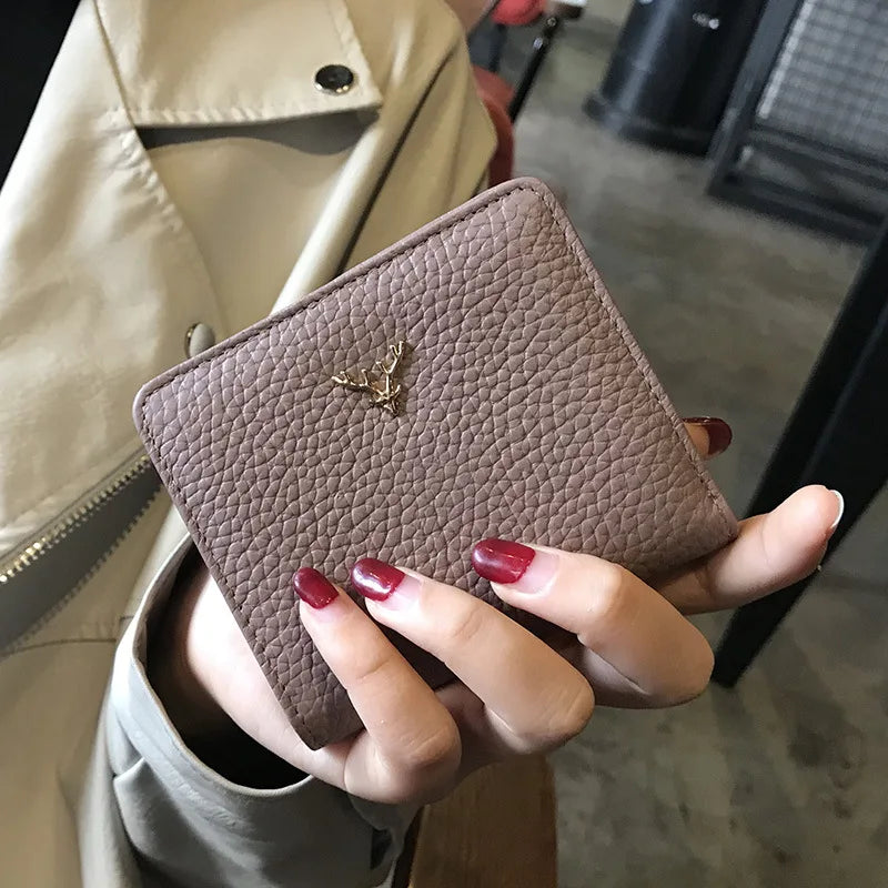 Women's Genuine Leather Small Wallet – Deer Button Bifold Purse