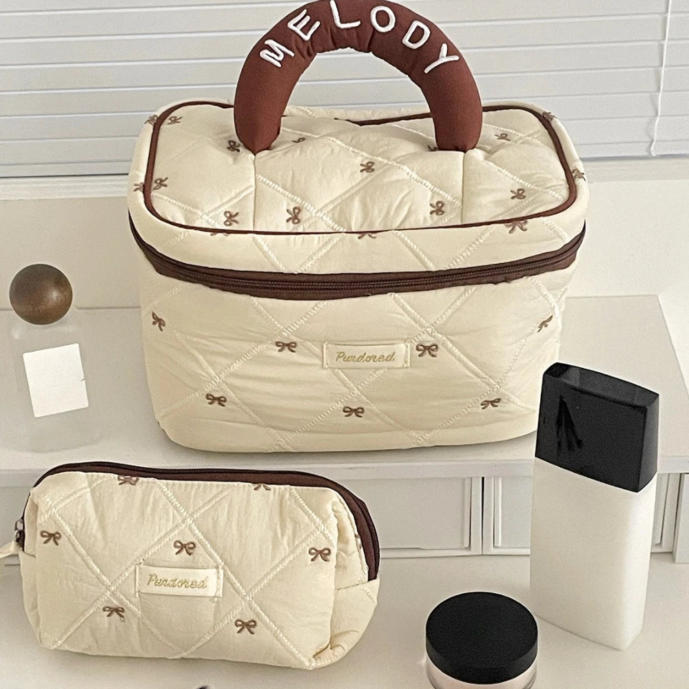 Quilted Bow Makeup Bag – Women's Large Capacity Cosmetic Pouch