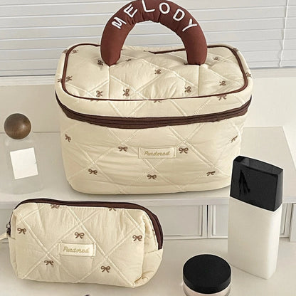 Quilted Bow Makeup Bag – Women's Large Capacity Cosmetic Pouch