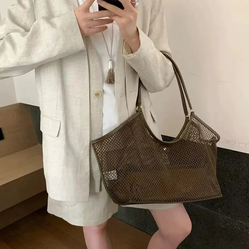 Large Mesh Tote Bag for Women – PU Leather Trim Shoulder Bag